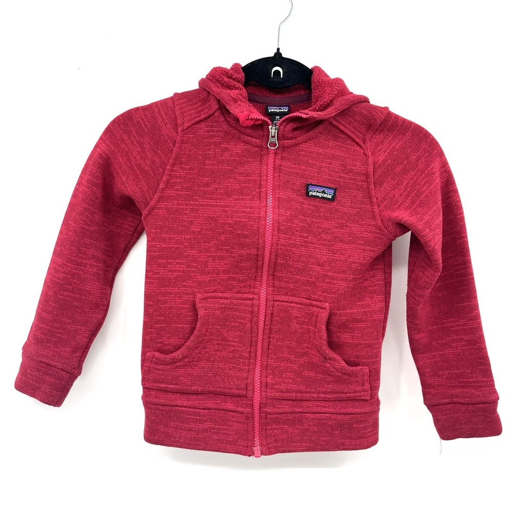Patagonia Pink Red fleece long sleeve hooded kids zip up hoodie sweatshirt XS
